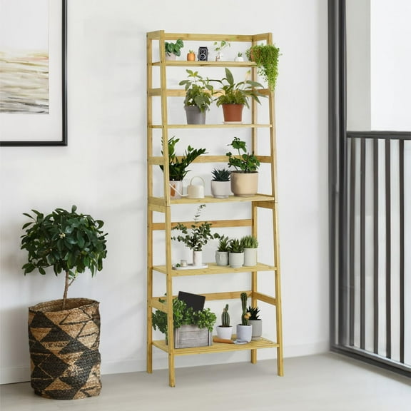 CAPHAUS 5-Tier Bamboo Ladder Shelf, Bamboo Open Storage Ladder Bookshelf, Freestanding Plant Standing Display Stand, Multifunctional Storage Rack Stand for Bathroom, Bedroom, Kitchen, Natural