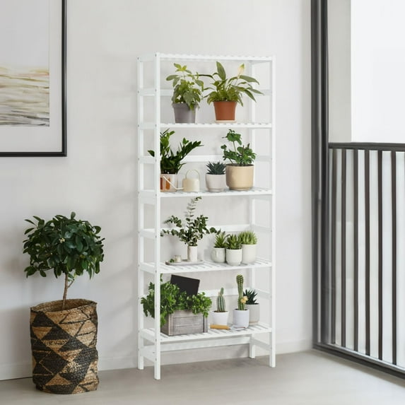 CAPHAUS 5-Tier Bamboo Shelf, Bamboo Open Storage Bookcase with Adjustable Layer, Freestanding Plant Display Stand, Multifunctional Storage Rack Stand for Bathroom, Bedroom, Kitchen, White