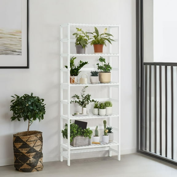 CAPHAUS 5-Tier Bamboo Shelf, Bamboo Open Storage Bookcase with Adjustable Layer, Freestanding Plant Display Stand, Multifunctional Storage Rack Stand for Bathroom, Bedroom, Kitchen, White