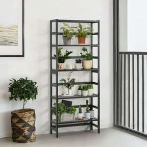CAPHAUS 5-Tier Bamboo Shelf, Bamboo Open Storage Bookcase with Adjustable Layer, Freestanding Plant Display Stand, Multifunctional Storage Rack Stand for Bathroom, Bedroom, Kitchen, Black