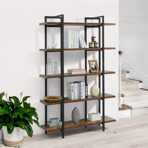 CAPHAUS 5-Tier Book Shelf, 71" H Vintage Industrial Bookcase with Open Display Shelving, Wooden and Metal Shelving Unit, Bookshelves and Bookcases, Stand Shelf for Bedroom, Home Office, Rustic Oak