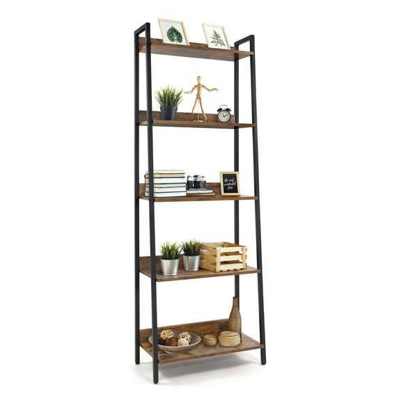 CAPHAUS 5 Tier Ladder Bookshelf, 24 Inch Width Free Standing Shelf, Bookcase Shelf Storage Rack Organizer, Industrial Book Shelves for Home Office, Living Room, Kitchen, Rustic Oak, Vintage Shelves
