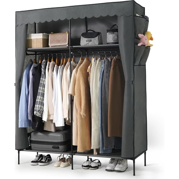 CAPHAUS 55-Inch Clothing Rack with Cover, Portable Closet Wardrobe, Covered Garment Rack for Hanging Clothes, 190LB Capacity Heavy-Duty Metal Frame Clothes Organizer Rack with Storage Shelves