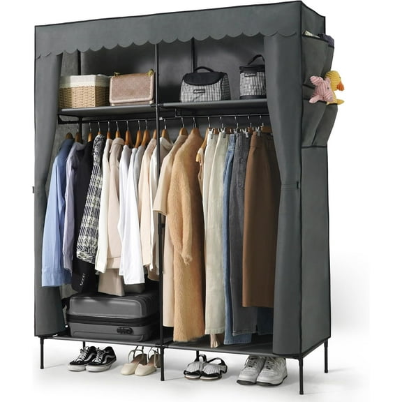 CAPHAUS 55-Inch Clothing Rack with Cover, Portable Closet Wardrobe, Covered Garment Rack for Hanging Clothes, 190LB Capacity Heavy-Duty Metal Frame Clothes Organizer Rack with Storage Shelves