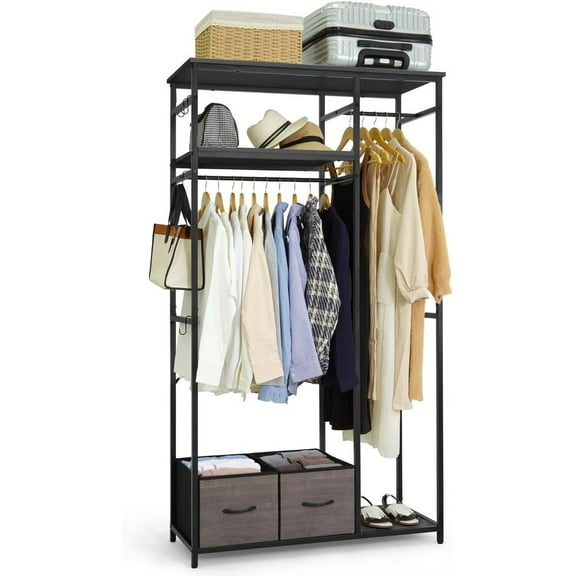 CAPHAUS 550lbs Capacity Garment Rack for Hanging Clothes, Heavy Duty Metal Open Wardrobe w/Hanging Rods & Drawers, Free Standing Closet Organizer, Metal Closet w/Wooden Boards, Black Vintage Board