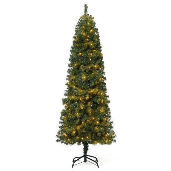 CAPHAUS 6 Feet Artificial Pre-lit Pencil Christmas Tree w/ 250 LED Lights, Premium Slim Christmas Tree w/ 618 Branch Tips Pre-Hinged & Foldable Stand, Skinny Christmas Tree, Pencil Tree