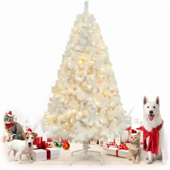 CAPHAUS 6 Feet Artificial White Christmas Tree w/ 1000 Tip Count, 250 LED Lights, Pre-Hinged, with Metal Stand, White Flat Shaped Leaves, for Indoor, Office, Party, Holiday Decoration