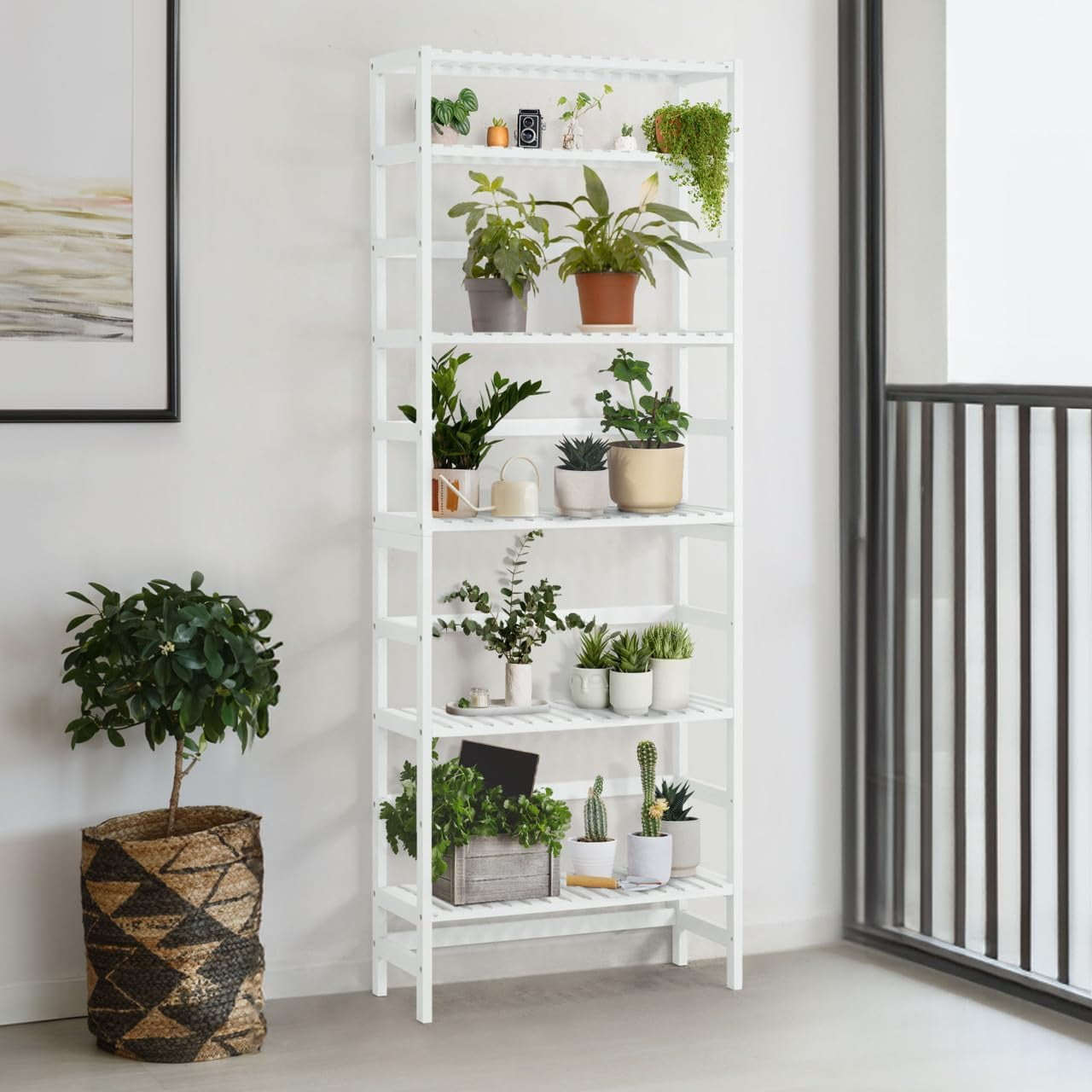 White 6-Tier Adjustable Bamboo Bookcase with Open Back