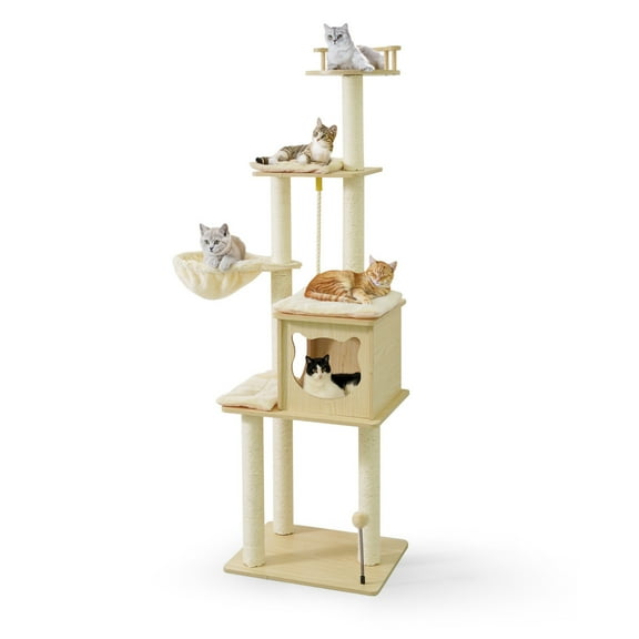 CAPHAUS 64-Inch Multi-Level Cat Tree with Cat Cave Condo & Hammock, Tall Wooden Cat Tower for Indoor Cats with Scratching Posts, Detachable Cushion, and Hanging Chew Rope