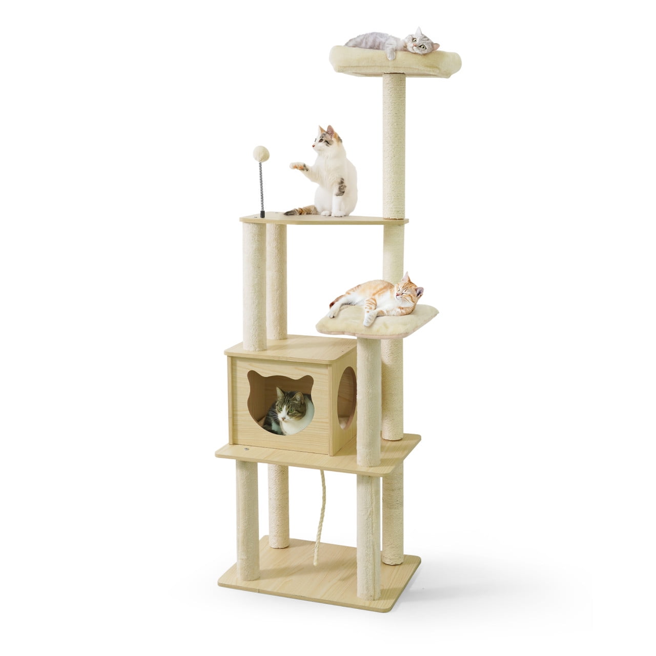 CAPHAUS 65-inch Multi-level Cat Tree with Cat Cave Condo & Top Perch, Tall Wooden Cat Tower for Indoor Cats with Scratching Posts, Detachable Cushion, Interactive Balls, Top Perch