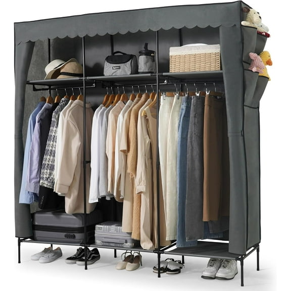 CAPHAUS 67-Inch Clothing Rack with Cover, Portable Closet Wardrobe, Covered Garment Rack for Hanging Clothes, 285LB Capacity Heavy-Duty Metal Frame Clothes Organizer Rack with Storage Shelves