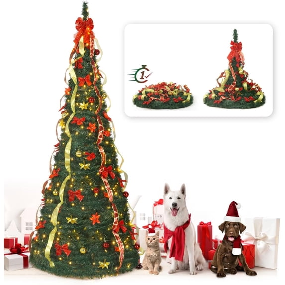 CAPHAUS 7.5 Feet Artificial Pop Up Christmas Tree w/ 2 Red & Golden Ribbon, 450 LED Lights, Foldable, Pre-Hinged, with Green Metal Stand, for Indoor, Office, Party, Holiday Decoration