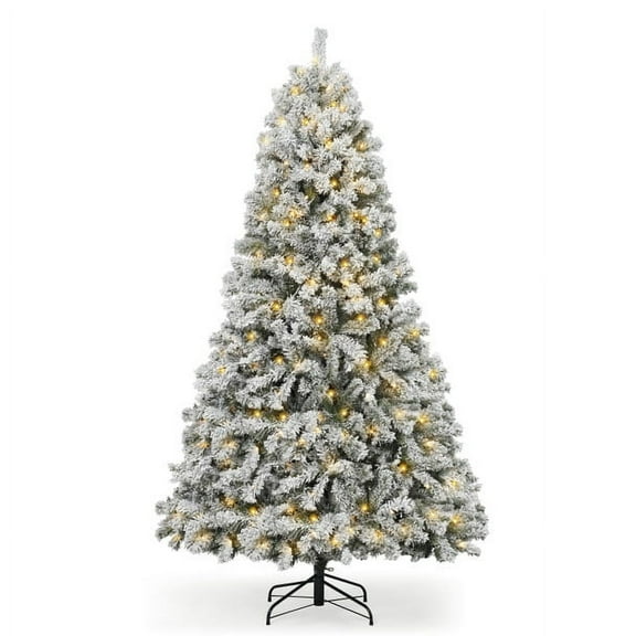 CAPHAUS 7.5 Feet Full Artificial Pre-Lit Snow Flocked Christmas Tree w/ 1346 Branch Tips Pre-Hinged & Foldable Stand, 550 LED Lights, Fake Flocked Xmas Tree for Indoor, Office, Party, Holiday