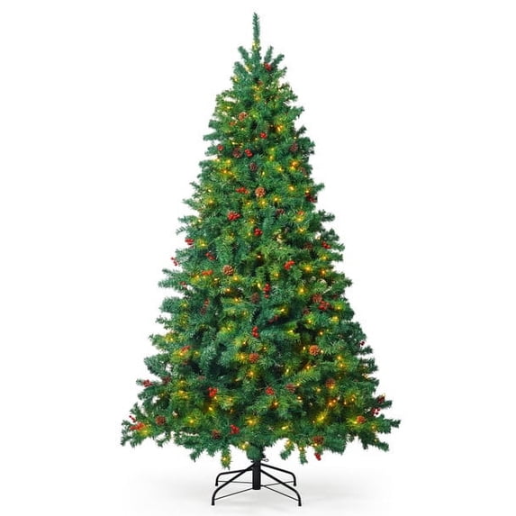 CAPHAUS 7.5 Feet Premium Full Artificial Pre-lit Christmas Tree w/ 1346 Branch Tips Pre-Hinged & Foldable Stand, 550 LED Lights, Holiday Fake Xmas Tree w/ Pinecones, Berries for Indoor Decoration