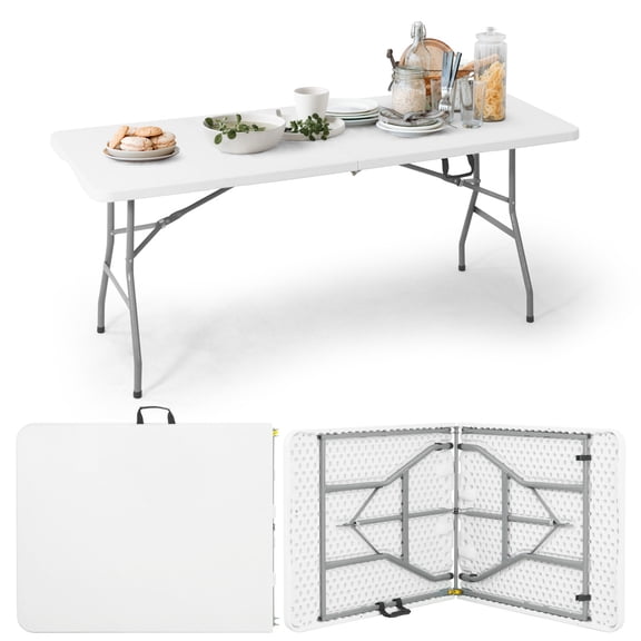 CAPHAUS 70.9 In Folding Table, Utility Craft Table w/ Carrying Handle, Heavy Duty Portable Fold Up Table, Outdoor and Indoor, Rectangle Plastic Table for Camping, Picnic, Office, Home, White
