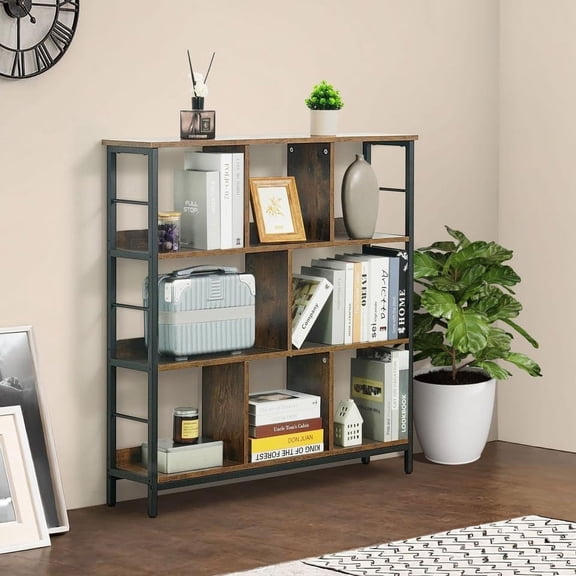 CAPHAUS 3 Tier 8 Cube Bookshelf, Office Shelf, Horizontal Bookcase, Industrial Open Display Shelf with Metal Frame, Wooden Board, for Home, Office, 40 Inch, Rustic Oak