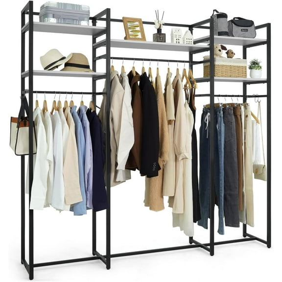 CAPHAUS 913lbs Capacity Garment Rack for Hanging Clothes, Heavy Duty Open Wardrobe w/Hanging Rods, Free Standing Closet Organizer, 75-Inch Clothing Rack, Metal Closet w/Wooden Boards, White Board