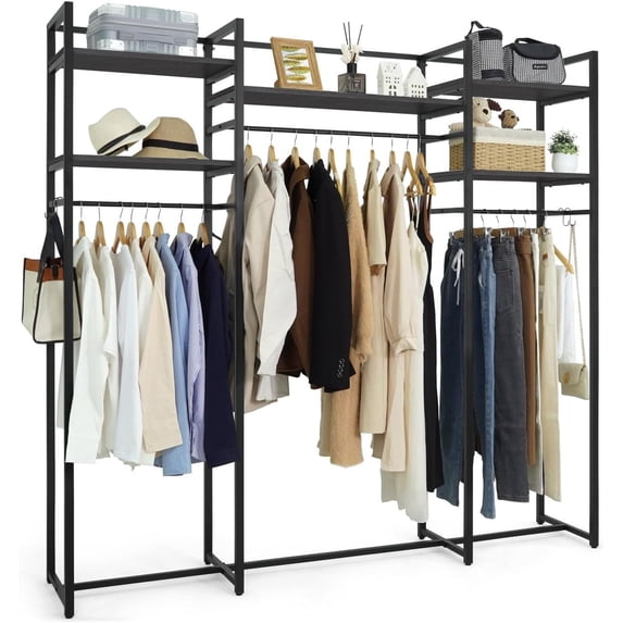 CAPHAUS 913lbs Capacity Garment Rack for Hanging Clothes, Heavy Duty Open Wardrobe w/Hanging Rods, Free Standing Closet Organizer, Clothing Rack, Metal Closet w/Wooden Boards, Black Vintage Board