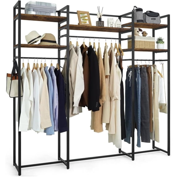CAPHAUS 913lbs Capacity Garment Rack for Hanging Clothes, Heavy Duty Open Wardrobe w/Hanging Rods, Free Standing Closet Organizer, Clothing Rack, Metal Closet w/Wooden Boards, Rustic Oak Board