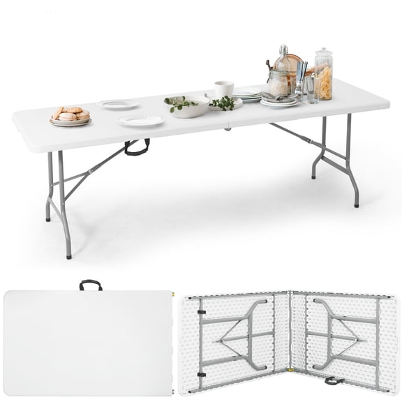 CAPHAUS 96.1 In Folding Table, Utility Craft Table w/ Carrying Handle, Heavy Duty Portable Fold Up Table, Outdoor and Indoor, Rectangle Plastic Table for Camping, Picnic, Office, Home, White