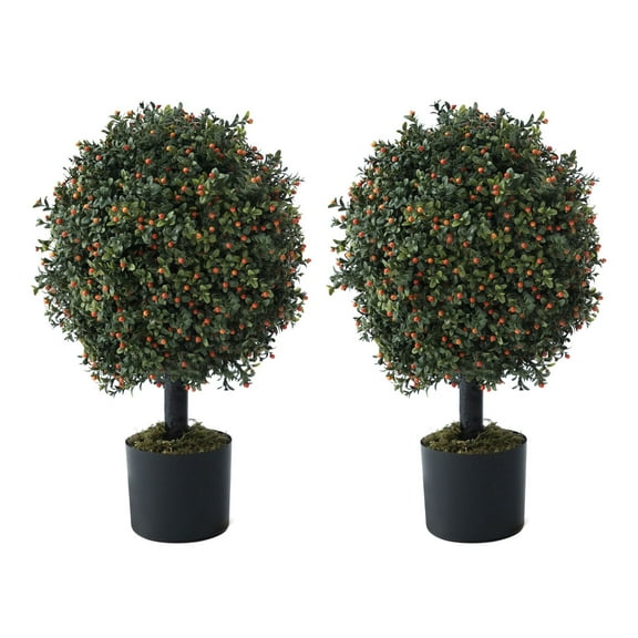 CAPHAUS Artificial Boxwood Topiary Ball Tree Set of 2, Artificial UV Resistant Bushes, Faux Potted Tree, Plant in Pot w/ Dried Moss, Fake Shrubs for Indoor, Front Porch, Outdoor, w/ Orange Flower
