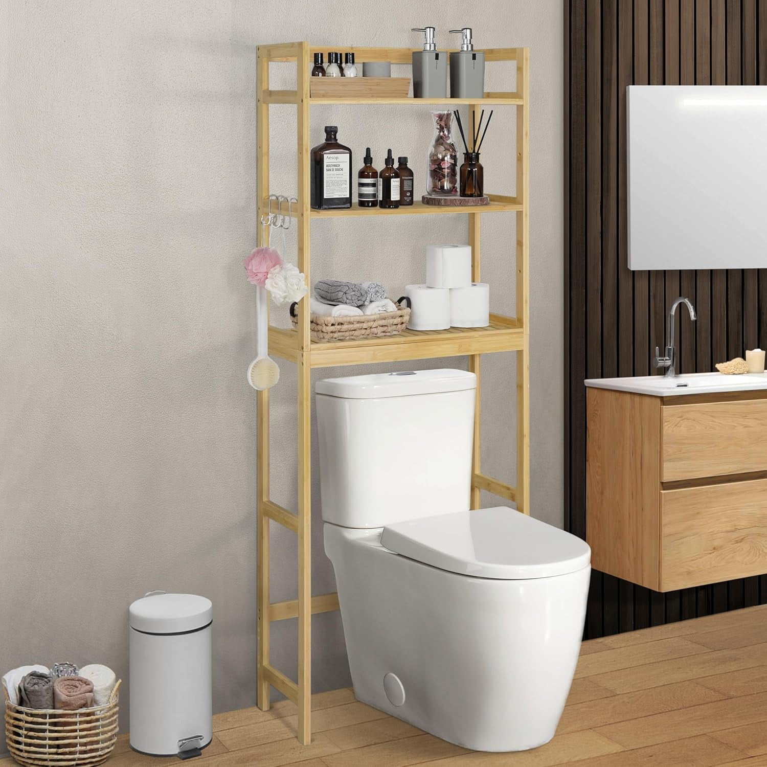 CAPHAUS Bamboo Over The Toilet Storage, Behind Toilet Bathroom Shelf Rack with Hooks & Adjustable Feet, 24-Inch Freestanding Toilet Shelf, Bathroom & Laundry Organizer, Balcony Plant Stand, Natural
