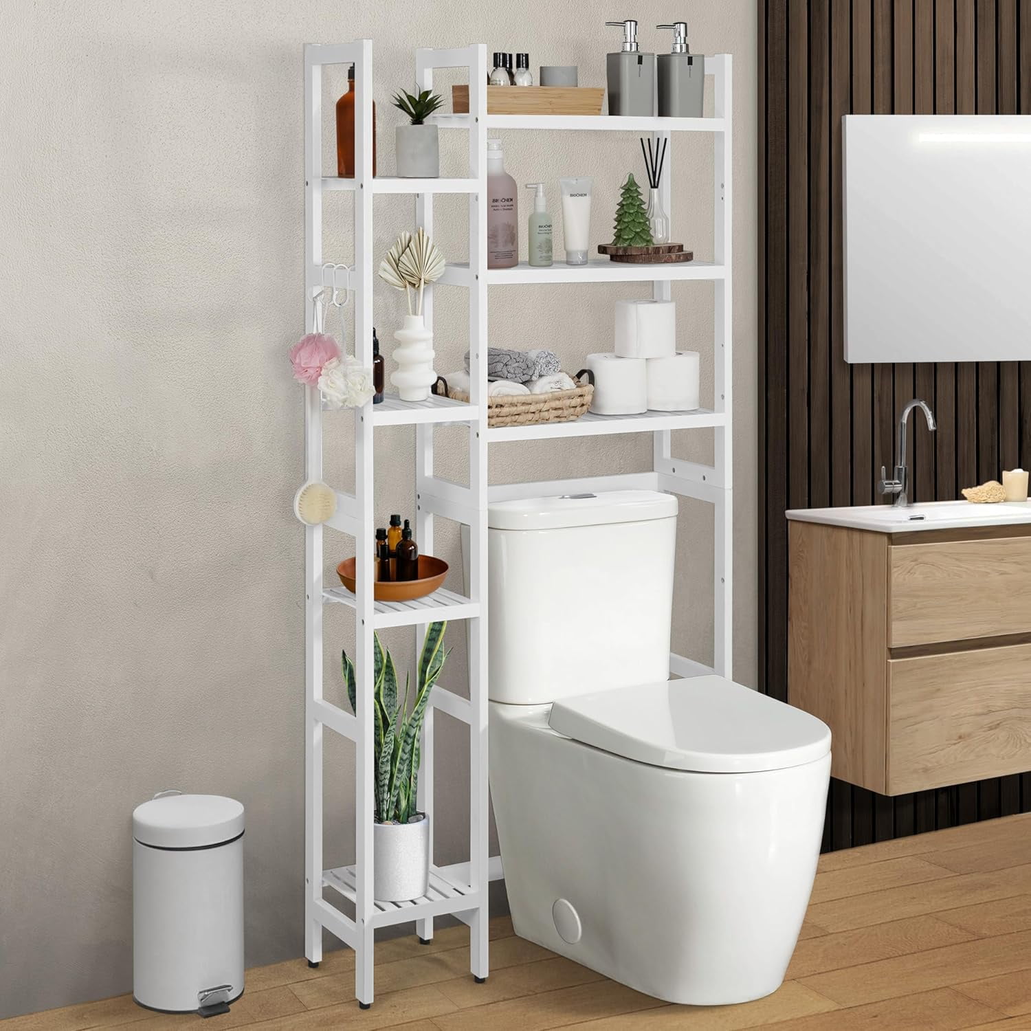 CAPHAUS Bamboo Over The Toilet Storage, Behind Toilet Bathroom Shelf Rack with Hooks & Adjustable Feet, 31-Inch Freestanding Toilet Shelf, Bathroom & Laundry Organizer, Balcony Plant Stand, White