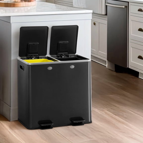 CAPHAUS Black Dual Trash Can w/ Double Lid, Trash & Recycle Bins Combo, Hands-free Stainless-Steel Garbage Can for Kitchen, with 2 Compartment, Hinged Lid, Odor Filters, Handles, 25L+25L, 2 x 6.6 Gal
