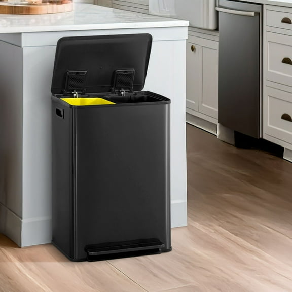 CAPHAUS Black Dual Trash Can w/ Single Lid, Trash & Recycle Bins Combo, Hands-free Stainless-Steel Garbage Can for Kitchen, with 2 Compartment, Hinged Lid, Odor Filters, Handles, 30L+30L, 2 x 8 Gal