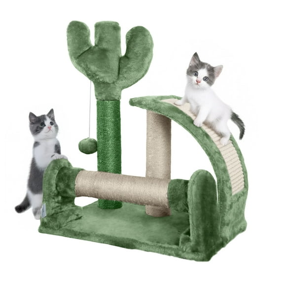 CAPHAUS Cactus Cat Tree Tower for Indoor Cats, Green Cute 20-Inch Small Cat Tree with Thickened Base, Cactus Cat Activity Tree with Scratching Board and Interactive Toy