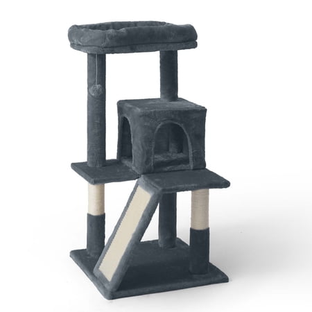 CAPHAUS Cat Tower for Indoor Cats, Modern Cute 37-Inch Small Cat Tree with Widened Perch for Large Cats Kittens, Multi-Level Cat Activity Tree with Scratching Posts and Ramp, 2-Door Cat Cave Condo