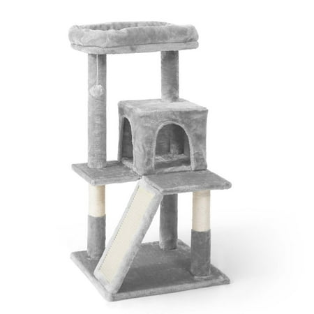 CAPHAUS Cat Tower for Indoor Cats, Modern Cute 37-Inch Small Cat Tree with Widened Perch for Large Cats Kittens, Multi-Level Cat Activity Tree with Scratching Posts and Ramp, 2-Door Cat Cave Condo