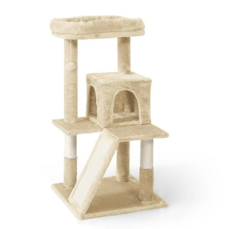CAPHAUS Cat Tower for Indoor Cats, Modern Cute 37-Inch Small Cat Tree with Widened Perch for Large Cats Kittens, Multi-Level Cat Activity Tree with Scratching Posts and Ramp, 2-Door Cat Cave Condo