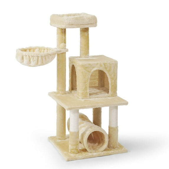CAPHAUS Cat Tower for Indoor Cats, Modern Cute 40-Inch Small Cat Tree with Widened Perch for Large Cats Kittens, Multi-Level Cat Activity Tree with Scratching Posts, Tunnel, Basket, Cat Cave Condo