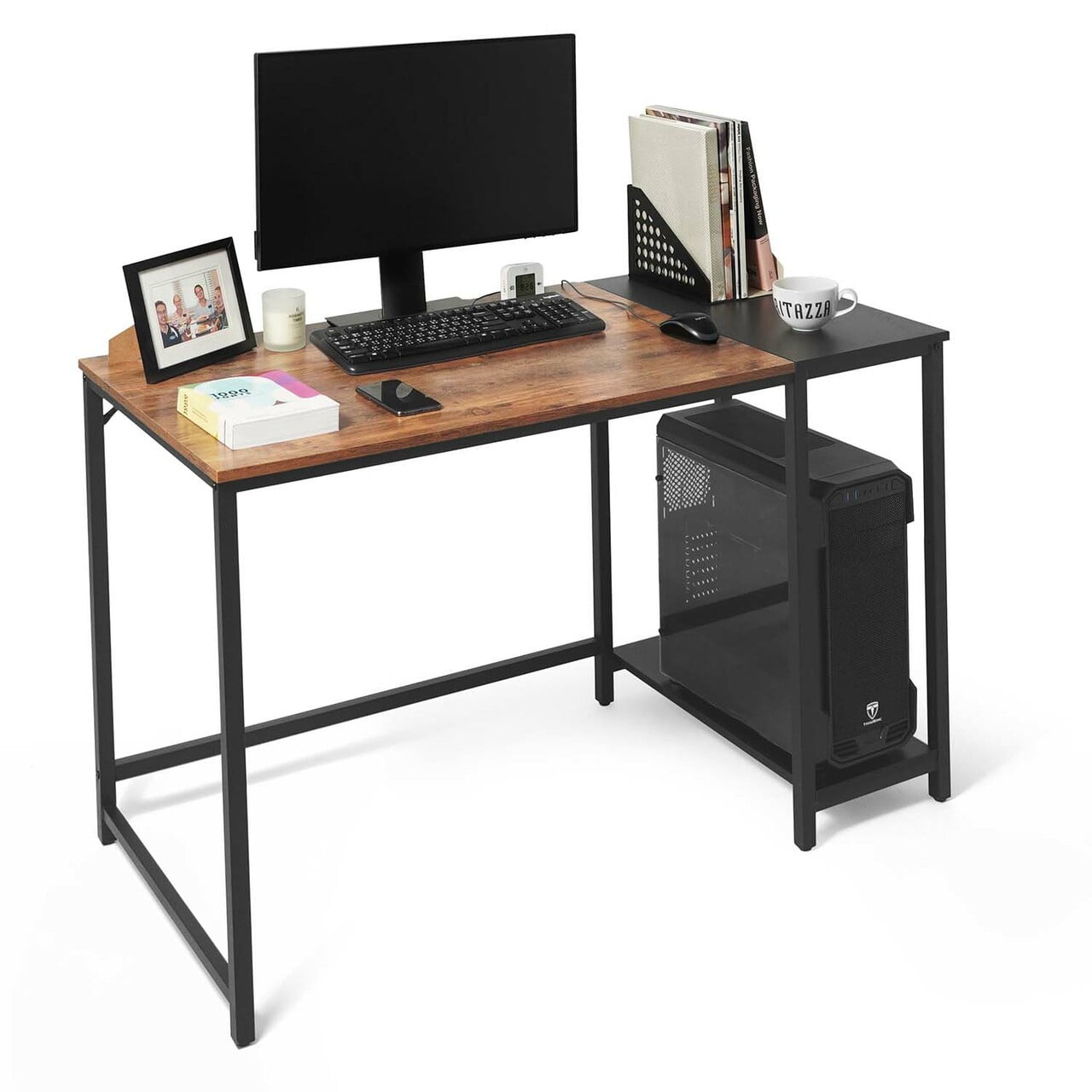 CAPHAUS Computer Desk, 47 Inch Home Office Desk, Study Writing Desk with  2-Tier Storage Shelves, Simple Industrial Modern Laptop Workstation with  Splice P2 Grade Wooden Board, Rustic Oak and Black 
