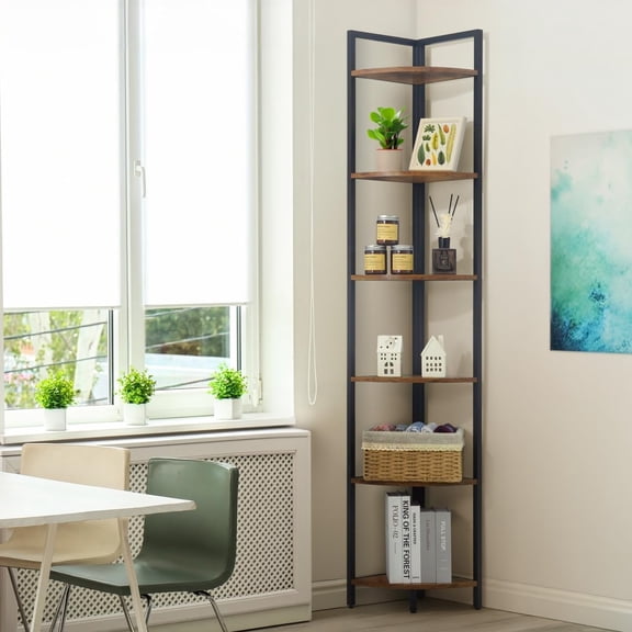 CAPHAUS Corner Bookshelf, 6 Tier Rustic Oak Corner Bookshelf, 71.7-Inch Tall Corner Stand with Metal Frame, Industrial Round Corner Shelf Stand, Versatile Display Shelving Unit for Home Office Space