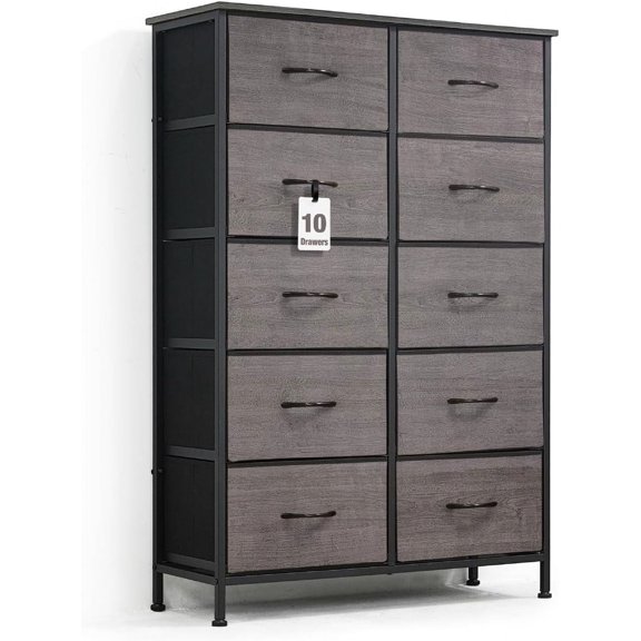CAPHAUS Drawer Storage Tower w/ 10 Fabric Bins, Office Drawer, Sorting Unit, Chest of Drawers, Organizer w/ P2 Board Top & Fabric Bins, Organizer Unit for Multi-purpose, Hallway, Office, Grey Oak