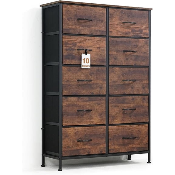 CAPHAUS Drawer Storage Tower w/ 10 Fabric Bins, Office Drawer, Sorting Unit, Chest of Drawers, Organizer w/ P2 Board Top & Fabric Bins, Organizer Unit for Multi-purpose, Hallway, Office, Rustic Oak