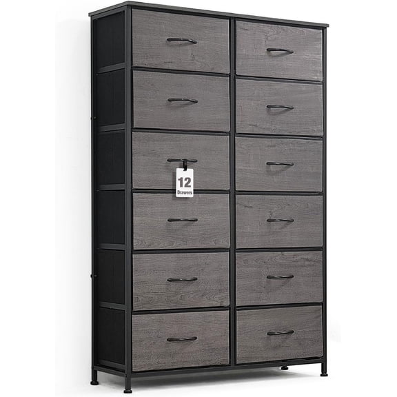 CAPHAUS Drawer Storage Tower w/ 12 Fabric Bins, Office Drawer, Sorting Unit, Chest of Drawers, Organizer w/ P2 Board Top & Fabric Bins, Organizer Unit for Multi-purpose, Hallway, Office, Grey Oak