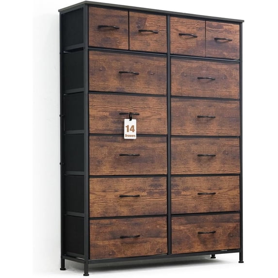 CAPHAUS Drawer Storage Tower w/ 14 Fabric Bins, Office Drawer, Sorting Unit, Chest of Drawers, Organizer w/ P2 Board Top & Fabric Bins, Organizer Unit for Multi-purpose, Hallway, Office, Rustic Oak