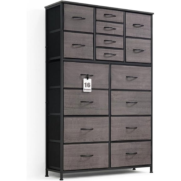 CAPHAUS Drawer Storage Tower w/ 16 Fabric Bins, Office Drawer, Sorting Unit, Chest of Drawers, Organizer w/ P2 Board Top & Fabric Bins, Organizer Unit for Multi-purpose, Hallway, Office, Grey Oak