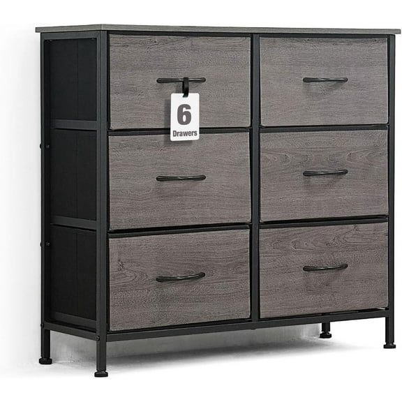 CAPHAUS Drawer Storage Tower w/ 6 Fabric Bins, Office Drawer, Sorting Unit, Chest of Drawers, Organizer w/ P2 Board Top & Fabric Bins, Organizer Unit for Multi-purpose, Hallway, Office, Grey Oak