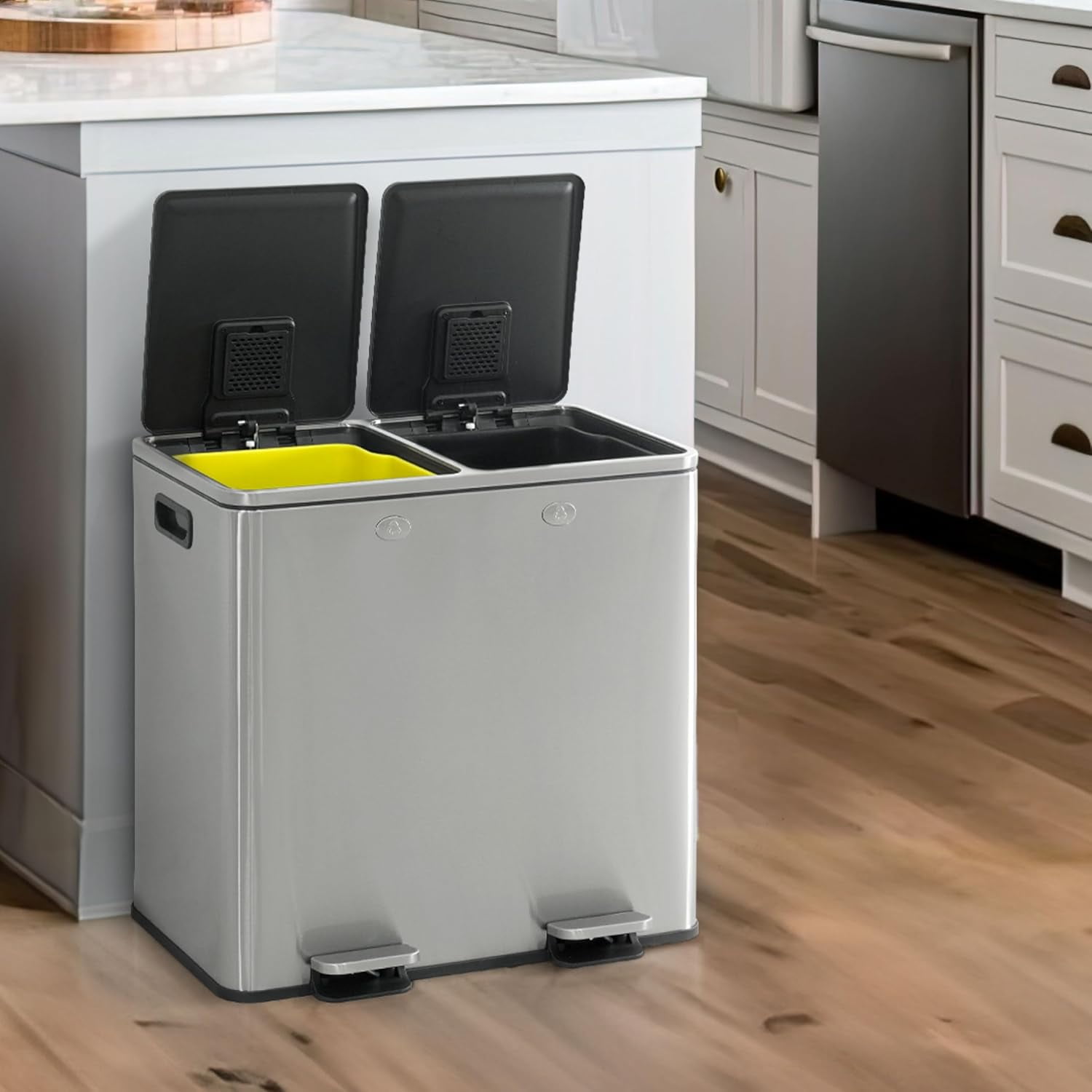 Stainless Steel Dual Compartment Pedal Trash Can with Black and Yellow Bins