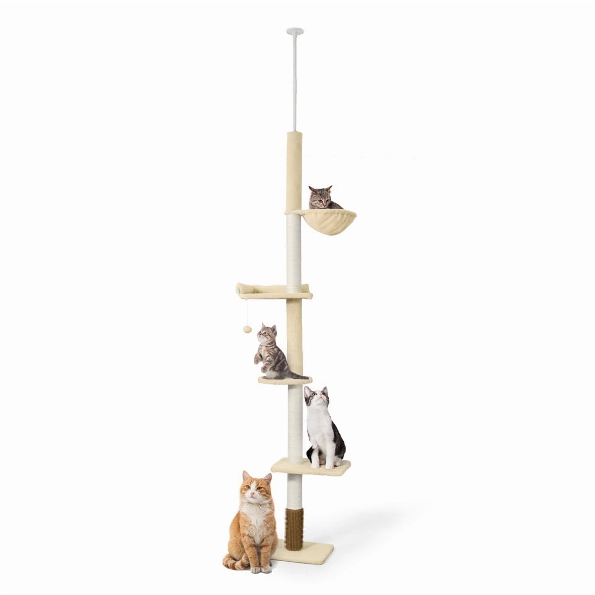 CAPHAUS Floor to Ceiling Cat Tree, Adjustable Height 104”-115” Multi-Tier Cat Climbing Tower w/ Itching Scratcher, Cozy Hammock, Interactive Playball, Platforms for Indoor Cats, Beige