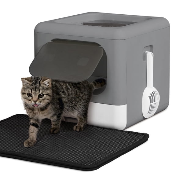 CAPHAUS Foldable Cat Litter Box with Lid for Kitten, Two-Way Entry & Exit Small Cat Box with Scoop, Cat Mat and Odor Fitter, Drawer Type Litter Pan for Easy to Clean, Dark Grey