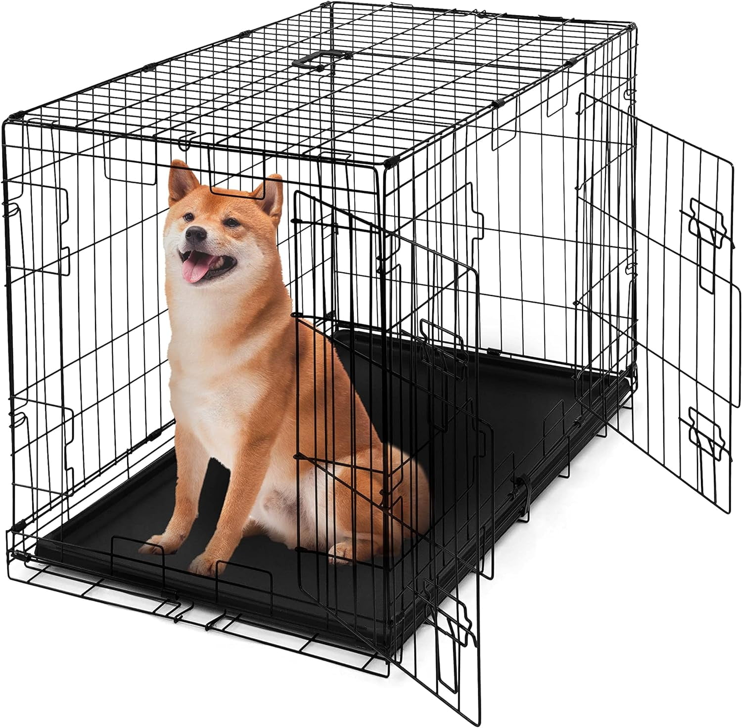 Foldable Black Metal Dog Crate with Double Doors