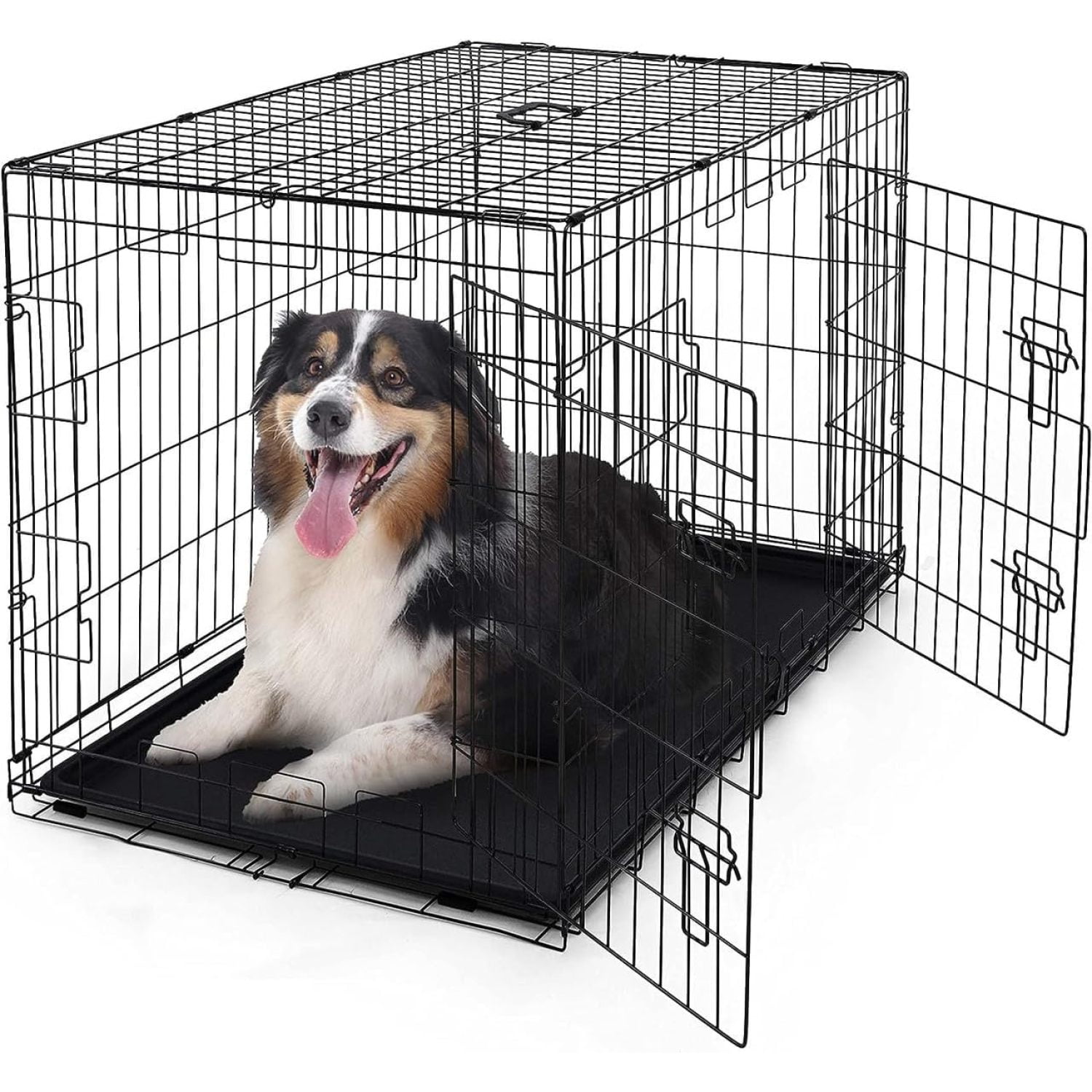 View of CAPHAUS Foldable Wire Dog Crate Kennel w/Leak-Proof Pan & Protecting ...