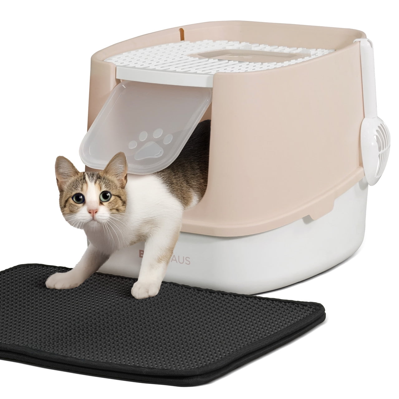 CAPHAUS Fully Enclosed Cat Litter Box with Double Door, Large Space Anti-Splashing Cat Toilet with Scoop, Cat Mat & Odor Fitter, Plastic Cat Litter Box w/ Lid, Lockable Front Door, Beige