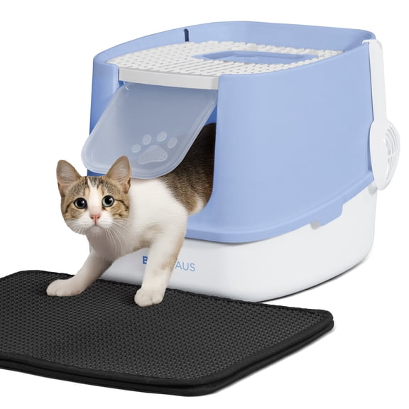 CAPHAUS Fully Enclosed Cat Litter Box with Double Door, Large Space Anti-Splashing Cat Toilet with Scoop, Cat Mat & Odor Fitter, Plastic Cat Litter Box w/ Lid, Lockable Front Door, Blue