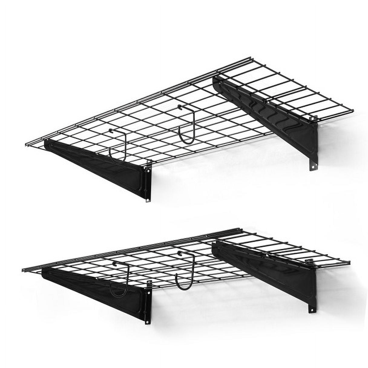 Black Metal Wall Mounted Garage Shelves with Hooks, 36" x 18"